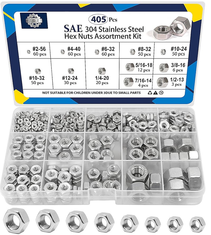 ZQZ 405 Pcs SAE Hex Nuts Assortment Kit #2-56#4-40#6-32#8-32#10-24#10-32#12-24 1/4"-20 5/16"-18 3/8"-16 7/16"-14 1/2"-13 Stainless Hex Nuts Set - Image 1